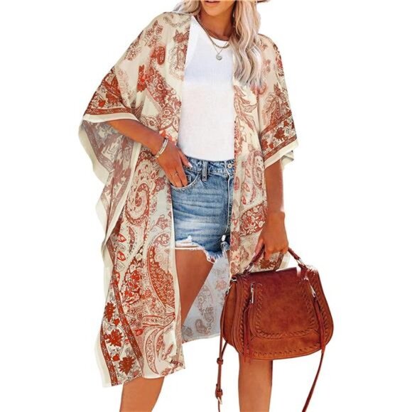 Boho Orange Paisley Printed‎ Cardigan Long Kimono Duster Bikini Swimsuit Coverup - Picture 2 of 6